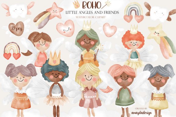 Boho Fairytale Angle Watercolor Clipart for Illustrations & Digital Selling