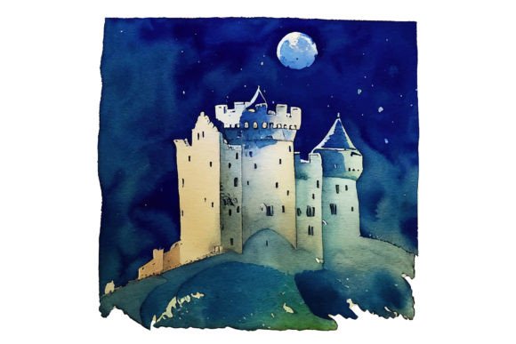 Castle on the Hill and Moon Watercolor: A Dreamy Illustration for Crafters and Etsy Sellers