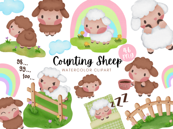 Counting Sheep Watercolor Clipart for Bloggers and Digital Publishers