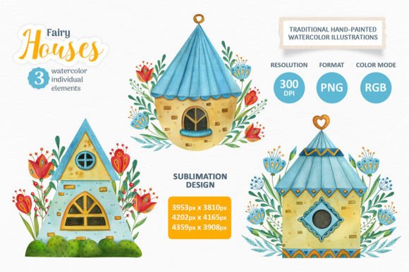 Cute Watercolor Fairy Houses Clipart for Blog & Editorial Design