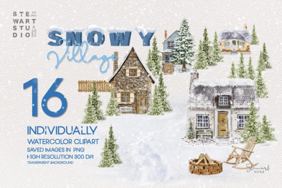 h1Snowy Village Watercolor Clipart for Local Brand Illustrationsh1