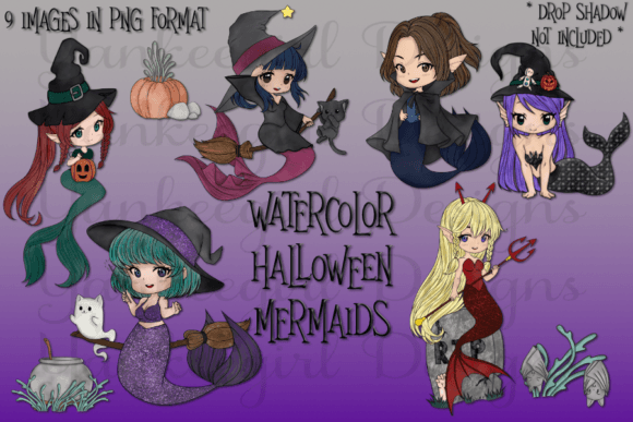 Halloween Mermaids Watercolor Illustrations for Creative Sellers