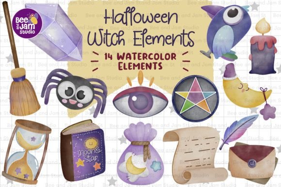Halloween Witch Elements Watercolor PNG for Crafters & Etsy Sellers