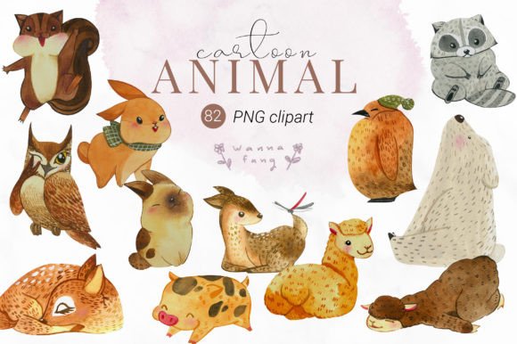 Watercolor Animal Cartoon Clipart, PNG for Real Crafting Magic