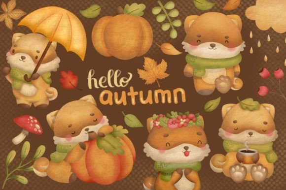 Watercolor Cute Dog in Autumn Illustrations for Creative Sellers