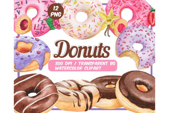 Watercolor Donuts Clipart – Doughnut PNG Illustrations for Sweet Branding