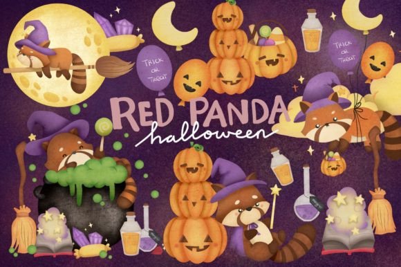 Watercolor Red Panda Witch Clipart: A Playful, Organic Touch for Local Brand Illustrations