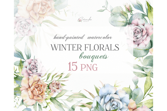 Watercolor Winter Greenery Bouquets Illustrations for Digital Sellers