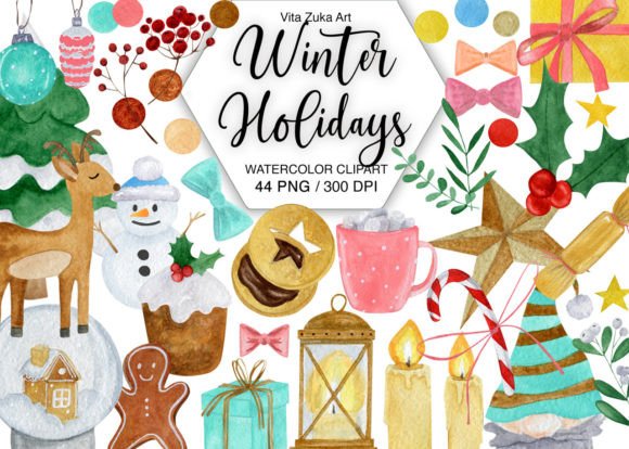 Watercolor Winter Holidays Clipart for Editorial & Web Design Use