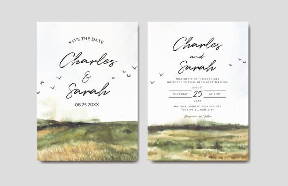 Wedding Invitation Watercolor Landscape Illustrations for Local Branding and Packaging