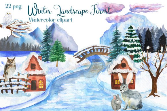 Winter Landscape Watercolor Cliparts for Crafters & Etsy Sellers